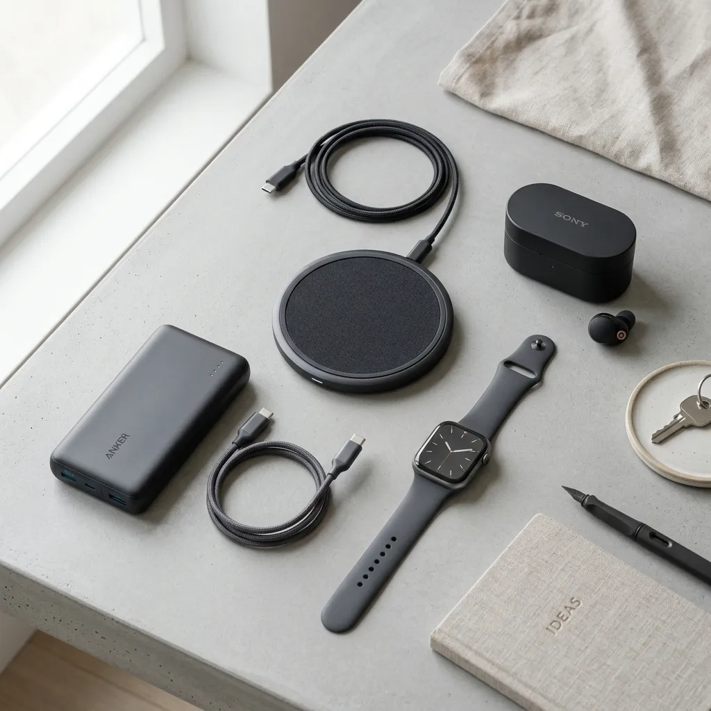 Premium tech gadgets flatlay